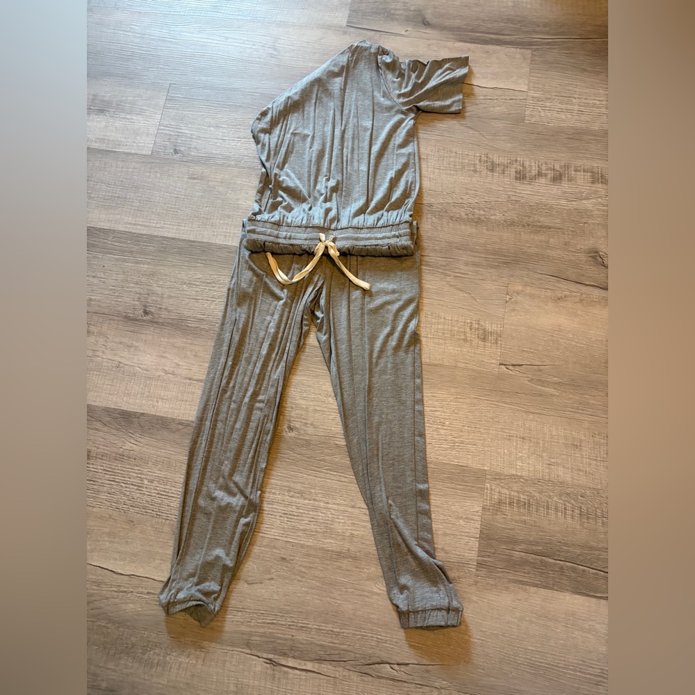 Gray One-Shoulder Jumpsuit with Tan Tie